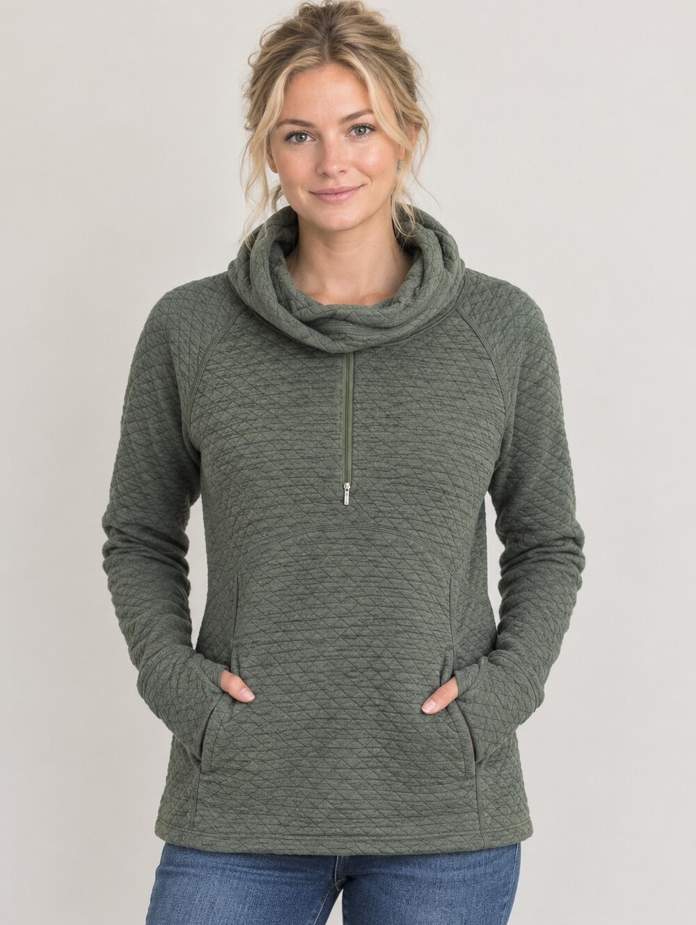 Marmot Annie Women’s L Pullover Hoodie Green Quilted Cowl Neck Half Zip Outdoor